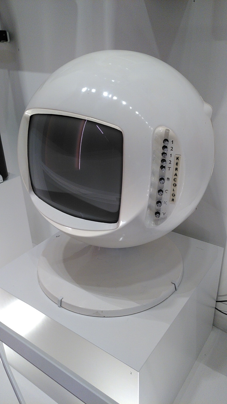 Keracolor Sphere, a white ball-shaped color television swiveling on a pedestal