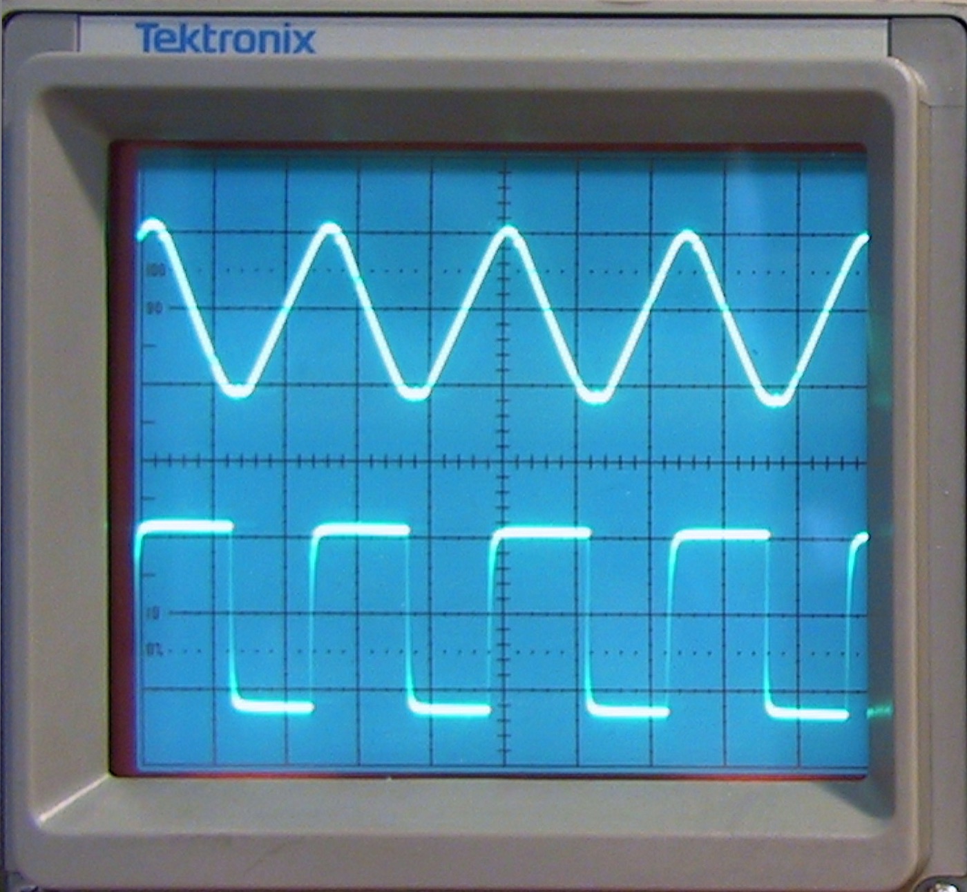 Tektronix oscilloscope tracing a bright waveform on its CRT screen