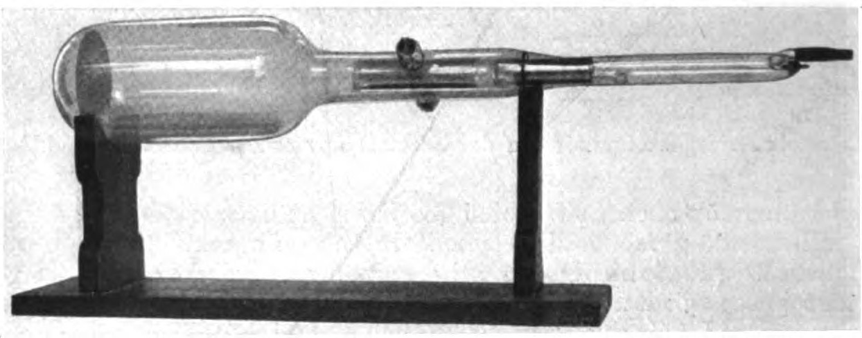 Braun's original cathode-ray tube mounted on a wooden lab stand