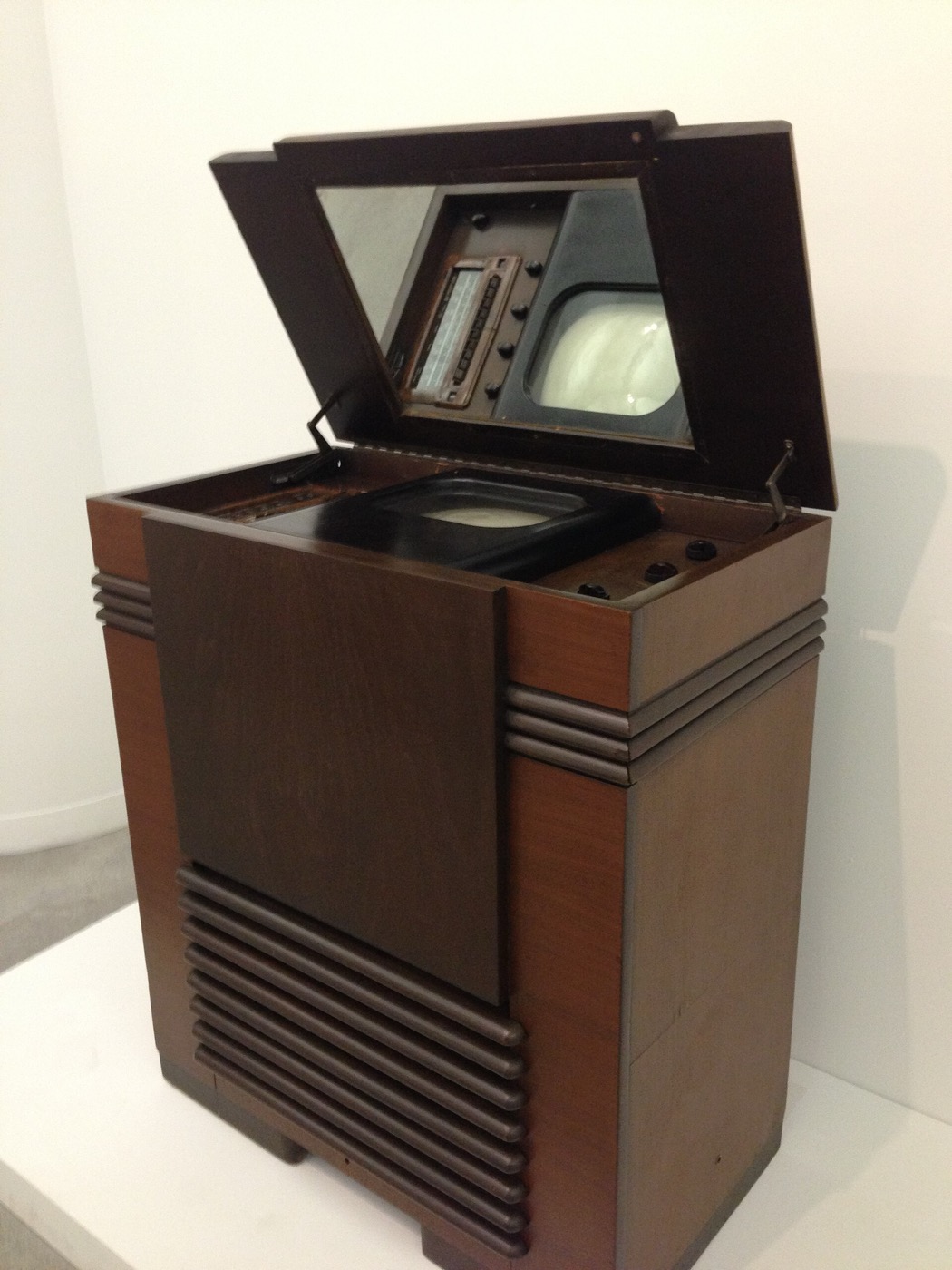 RCA TRK-12 console television with its mirror lid open