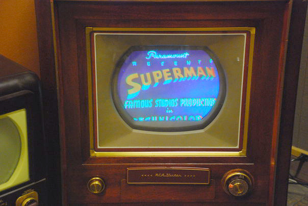 RCA CT-100 color television showing a Superman cartoon