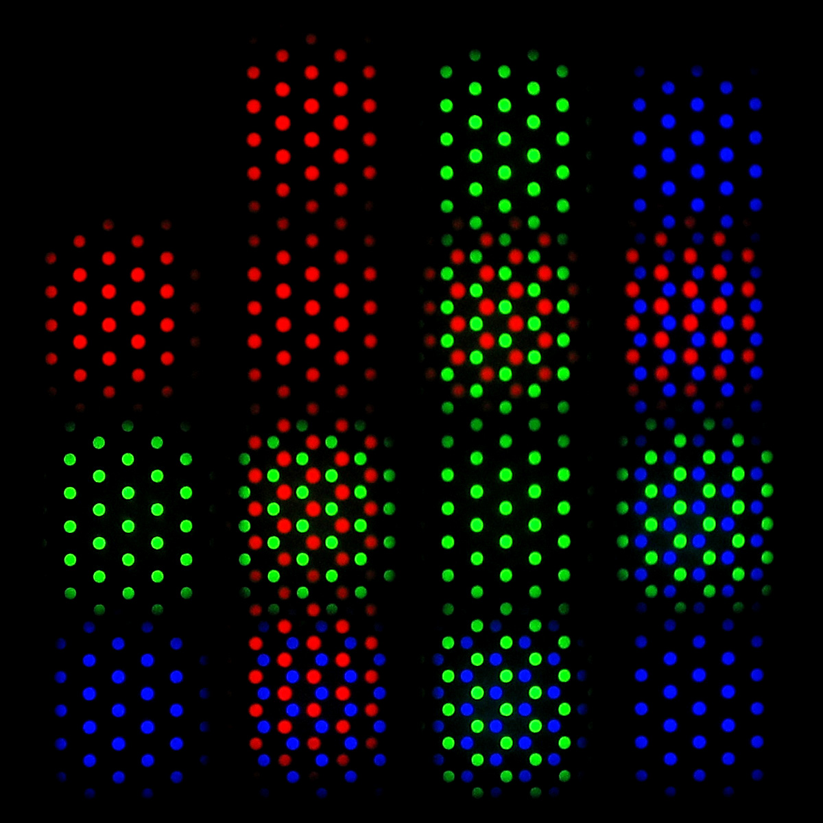 Extreme close-up of red, green, and blue phosphor dots on a CRT screen